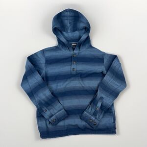 Patigonia Mens Size Small Blue Striped Hooded Henley Pullover Organic Cotton